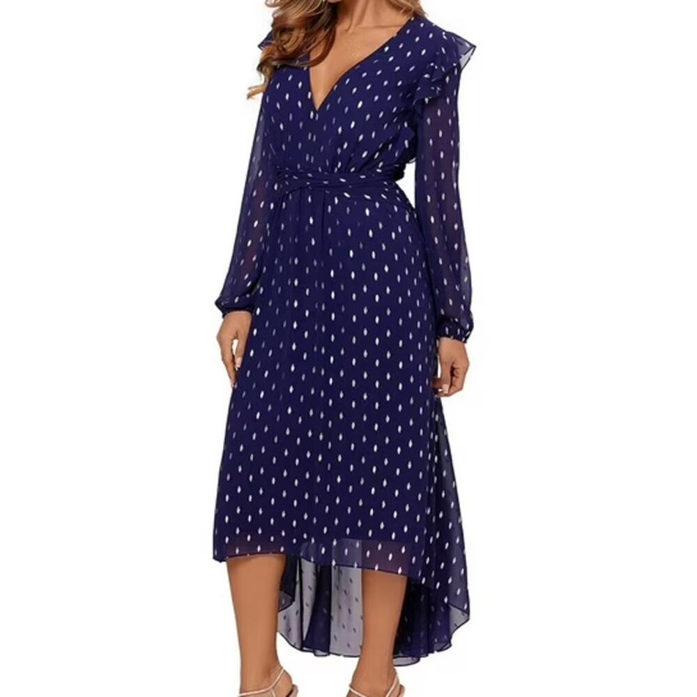 Betsy & Adam Navy Blue and White Polka Dot High-Low Dress